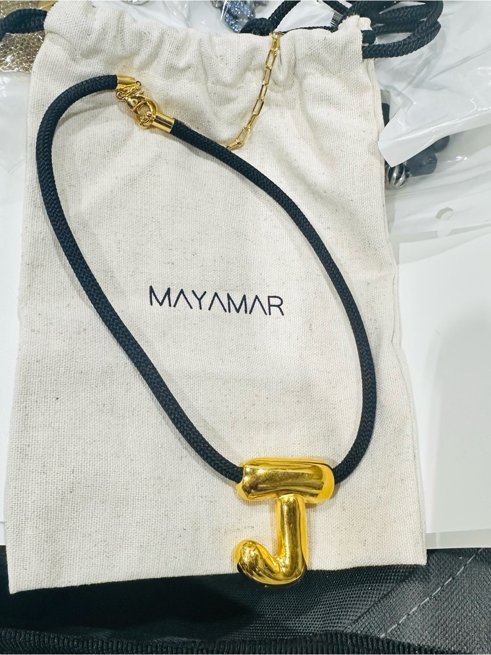 MAYAMAR Black Rope Hair Necklace with Gold 'J' Charm